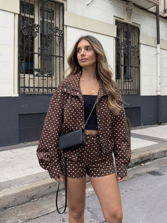 HH Women Fashion Polka Dot Coat Shorts Set Turtleneck Long Sleeve Zipper Jackets Slim Shorts Elegant Woman High Street Outfits