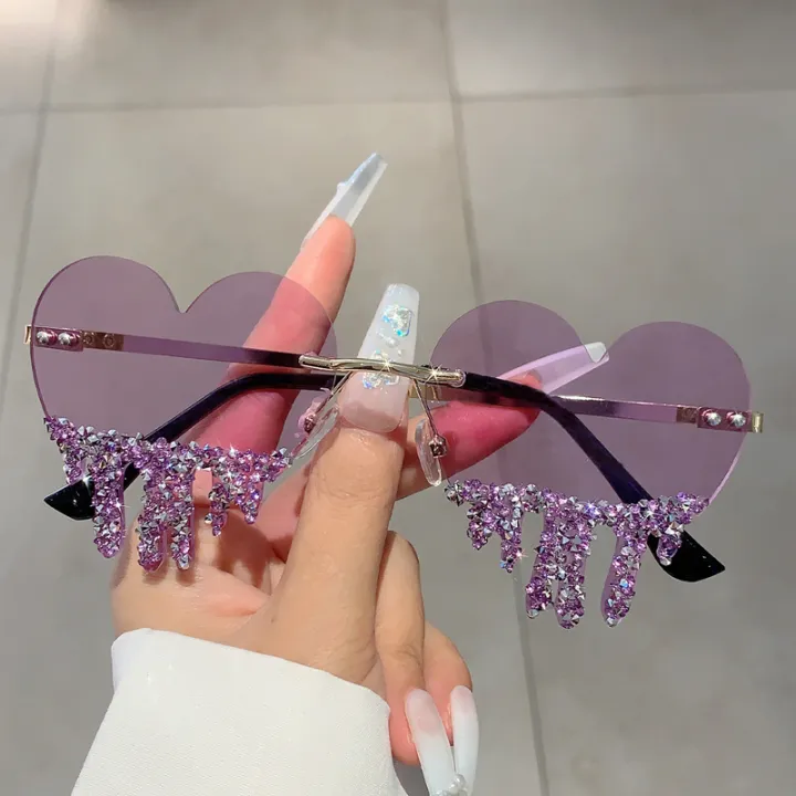KAMMPT%201/2%20Pairs%20Heart%20Shaped%20Sunglasses%20with%20Rhinestones%20Women%20Fashion%20Rimless%20Rave%20Shades%20Trendy%20Original%20Design%20Sun%20Glasses%20-%20Image%202