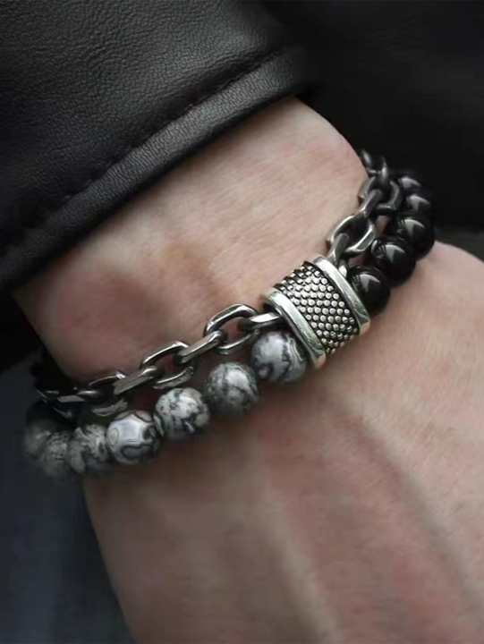 1%20Piece%20Punk%20Simple%20Temperament%20Black%20Beaded%20Chain%20with%20Natural%20Stone%20Beaded%20Chain%20Bracelets%20MEN'S%20FASHION%20Items%20Holiday%20Travel%20-%20Image%206