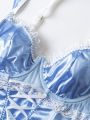 Women's Lingerie Set Sweetheart Satin Jacquard Lace Patchwork Tie-Up Ruffle Trim Underwire Lingerie Set For Women. 