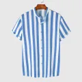 INCERUN Man Stylish Button Blouse Summer Casual Tops Masculina Fashion Striped Men's Shirts Short Sleeve Stand Collar Shirts 5XL. 