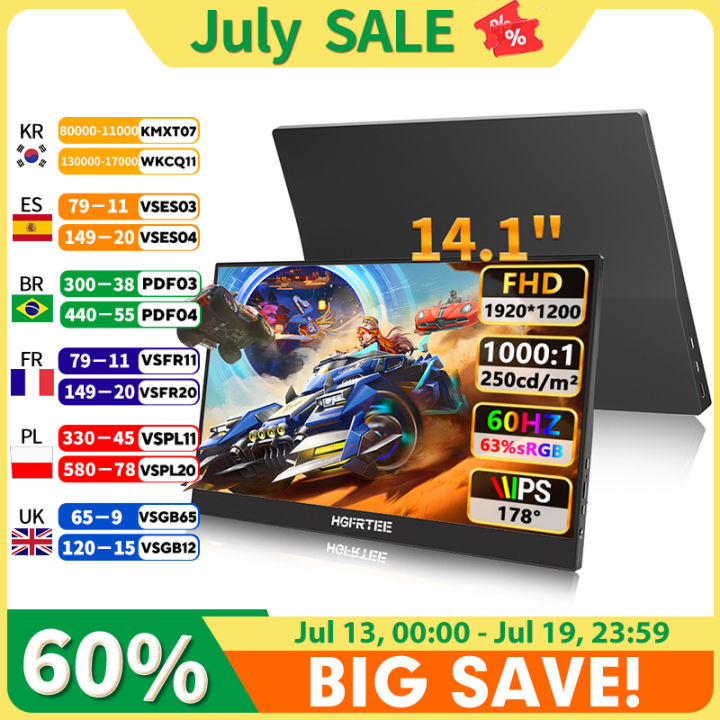 HGFRTEE Protable Monitor 14.1 Inch Full HD 1200P 16:10 Dual Speakers Dual Type-c and MINI HDMI for Mac PC Phone Xbox PS5 Switch