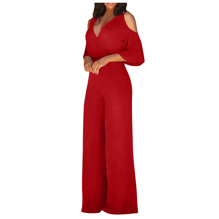 Jumpsuit%20Summer%20Pure%20Color%20Women%20Sexy%20Deep%20V%20Neck%20Short%20Sleeve%20Rompers%20Fashion%20Slim%20Fit%20Lace%20Up%20Elegant%20Female%20Wide%20Leg%20Jumpsuit%20-%20Image%203
