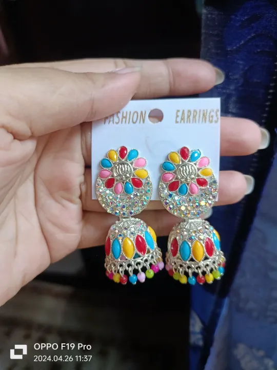 Silver Indian Stone Jhumka Earrings