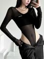 Black See Through Bodysuit Lingerie Long Sleeve Lenceria Femenina V-Neck One-Pieces Body Feminino Backless Tops For Women.