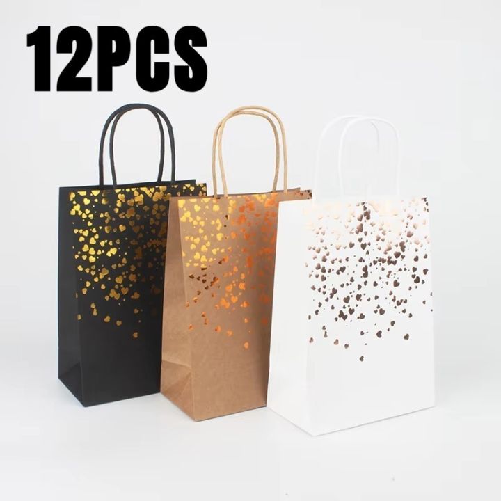 12PCS Black Brown White Bronzing Kraft Paper Bags Handheld Bronzing Paper Bags Birthday Party Wedding Shopping