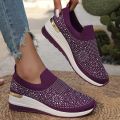 Orange Rhinestone Casual Sneakers Breathable Wedge Women Lightweight Shoes Slip On 2024 New Comfortable Spring Mesh Sports Shoes. 