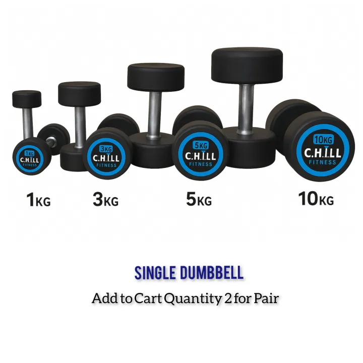 CHILL FITNESS Rubber Coated Dumbbells with Metal Handles| Dumbbell| Anti Slip Metal Handles| Fitness Home Gym Exercise Dumbbels 1kg, 2kg, 3kg, 4kg, 5kg, 6kg, 7kg, 8kg,10kg Single piece Buy pair add to cart 2