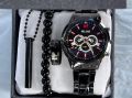Pack of 4 Mens Silver Watch Set || casual watch set || smart watch || Watch Ring Braclete Chain. 