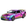 1: 32  War God GTR-R34 sports car model electroplated colorful skyline boy toy car gift Advanced Collection Ornament Car Models. 