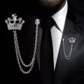 Korean British Style Crown Bird Brooch Pin for Men with Tassel Chain, Gold and Silver, Zinc Alloy, Fashion Accessory.