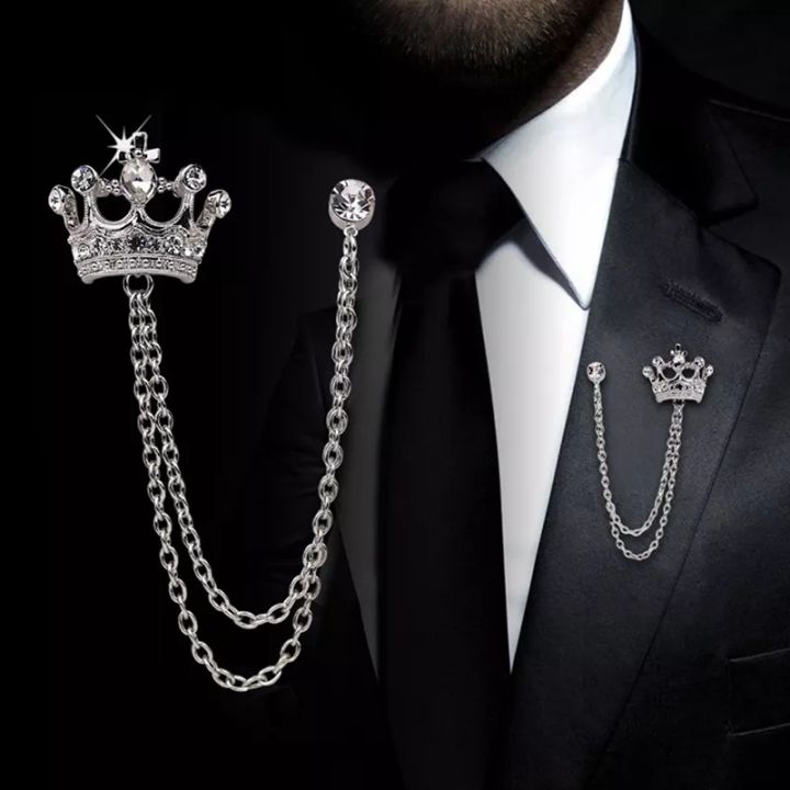 Korean British Style Crown Bird Brooch Pin for Men with Tassel Chain, Gold and Silver, Zinc Alloy, Fashion Accessory