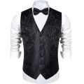 Men's Black Solid Paisley Suit Vest with Necktie Bow Tie Handkerchief Cufflinks Formal Waistcoat for Wedding Prom Tuxedo.