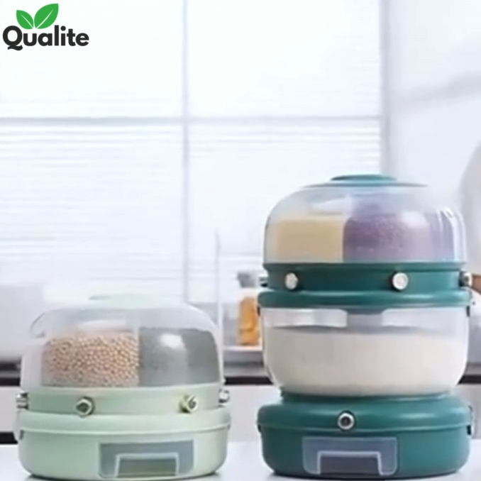 Grain storage box for kitchen, 360° Rotating Food Dispenser, Multi Grid Rice Storage Box with Easy One Click Dispensing for Kitchen Organization, Rice Dispenser for home uses