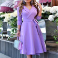 Women's Fashion V-neck Strap Waist Dress New Mid-sleeve Women's Dress Temperament Commuter Women's Dress. 