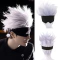 Black Blindfold + Short Wavy Cosplay Wig Light Purple Mix Silver Wig for Anime Heat Resistant Hair Wig for Men Boys. 