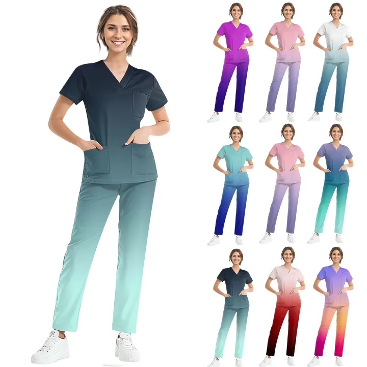 Medical%20Uniform%20Trendy%20Women's%20Scrub%20Set%20Stretch%20Soft%20Y-Neck%20Top%20Pants%20Hospital%20Pet%20Clinic%20Doctor%20Costume%20Contrasting%20Colors%20-%20Image%202