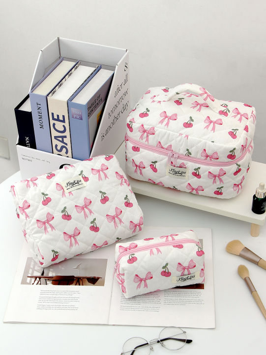 1pc/set%20Cherry%20Bow%20Quilted%20Makeup%20Bag,%20Multifunctional%20Handheld%20Makeup%20Bag,%20Portable%20Toiletry%20Bag%20Set%20with%20Zipper%20-%20Image%202
