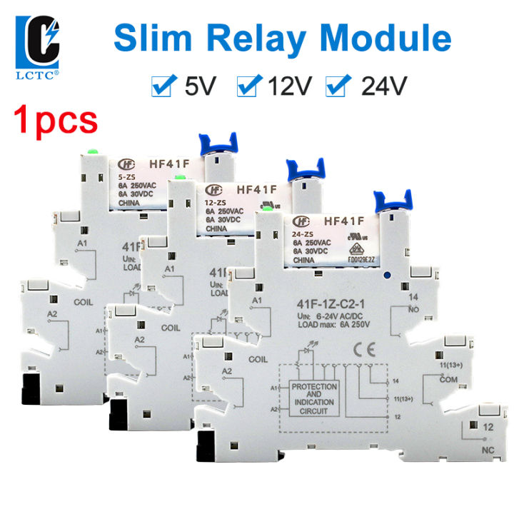 1PCS Relay 5V 12V 24V DIN Rail Slim Relay Module HF41F 6A 250VAC 30VDC Industrial Interface Relay With LED 41F-5/12/24-ZS