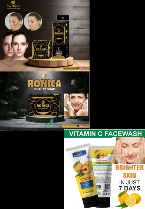 Ronica Beauty Cream, Whitening Soap, and Vitamin C Facewash work together to brighten skin, even tone, and deeply cleanse. Enriched with Glutathione, Alpha Arbutin, and a mild formula, they promote a fairer, clearer, and glowing complexion for all skin ty