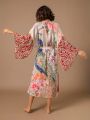 Beach Kimono for Women Peocock Printed Swimsuit Cover Up Self Belted Wrap Dresses Seaside Bathing Suits Beachwear.