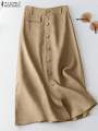 ZANZEA Elegant Cotton Midi Skirts Casual Button Up A-line Skirt Women High Waist Jupe 2024 Summer Solid Temperament Falda Mujer.