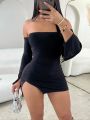 Women Strapless Backless Mini Dress For Women Black Off-shoulder Long Sleeve Bodycon Club Party Dress Clothes.