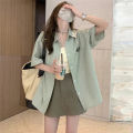 Mai Lang short-sleeved shirt, light green striped striped casual shirt, Korean style, simple match, match many looks, many styles, fabrics, comfortable to wear, not uncomfortable, ready to deliver. 