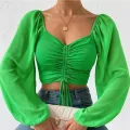 ALLUKASA Sexy Mesh Lantern Sleeves Drawstring Wrap Chest Bare Midriff T Shirt Women Long Sleeves Bottoming. 