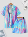 Men's Trendy Iridescent Holographic Set Gradient Tie Dye Short Sleeve Shirt & Drawstring Shorts Vacation 2 Piece Outfit 2.