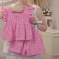 New Korean Style Girls' Summer Pink Cotton Suit Baby Hollow Small Flying Sleeve Top + Shorts Two-Piece Sweet Baby Girl Suit. 