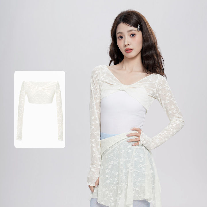 Women%20Floral%20Lace%20Pleated%20Bow%20Dance%20Tops%20Long%20Sleeves%20Pullover%20Blouses%20Girls%20Soft%20Thin%20Tulle%20Casual%20Tees%20Yoga%20Training%20Crop%20Top%20-%20Image%207