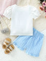 Children’s 2025 New Summer Printed Bowknot Short-sleeve T-shirt with Solid-color Shorts Fashionable and Versatile Two-piece Set. 
