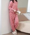 Winter Flannel Two-piece Loose Casual New O-neck Striped Coral Fleece Top Elastic Waist Pants sets Women's Pajamas Set Sleepwear.
