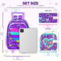 3PCS Rolling Backpack for Girls, Kids Roller Wheels Bookbag, Wheeled School Bag with Lunch Bag - Heart Purple.