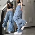 Wofacai women vintage loose pants Street cargo straight loose straight trousers with rope belt buckle cool look charming. 