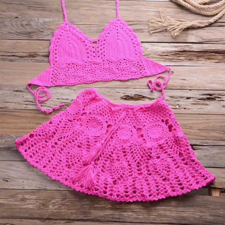 CROCHET%20BIKINI%20Two-piece%20Crochet%20Women%20Bikini%20Set%20Cover%20Up%20Swimsuit%20Swim%20Skirt%20Swimwear%20Bathing%20Swimdress%20Beachwear%20-%20Image%207