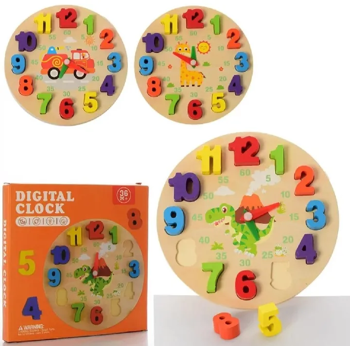 Wooden Teaching Clock Learning Time Kids Toys, Wooden Clock Toy Digital ...