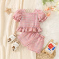 2pc/Set Girls' Outfit Set Summer Checkered Cotton Top And Shorts Baby Girl Clothes Cute Beach Baby Set. 