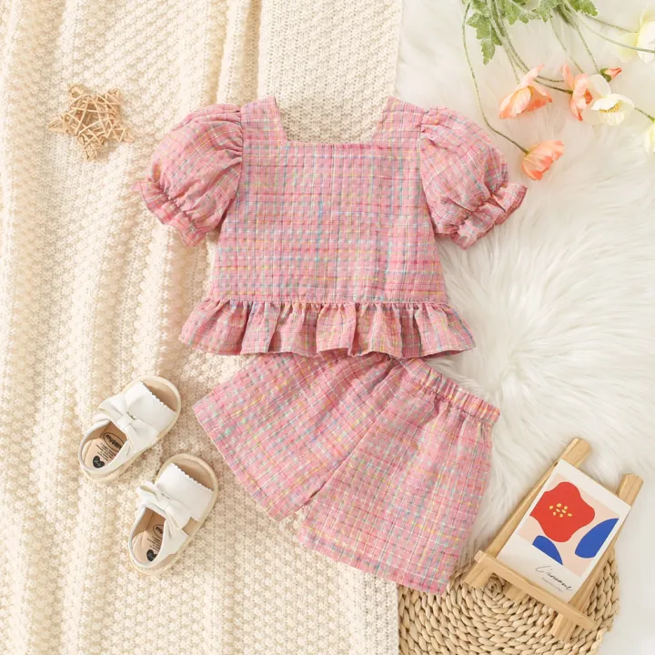 2pc/Set%20Girls'%20Outfit%20Set%20Summer%20Checkered%20Cotton%20Top%20And%20Shorts%20Baby%20Girl%20Clothes%20Cute%20Beach%20Baby%20Set%20-%20Image%204