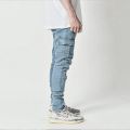 Street Elastic Jeans Men Denim Cargo Pants Wash Solid Color Multi Pockets Casual Mid Waist Trousers Slim Fit Daily Wear Joggers. 