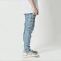 Street Elastic Jeans Men Denim Cargo Pants Wash Solid Color Multi Pockets Casual Mid Waist Trousers Slim Fit Daily Wear Joggers. 