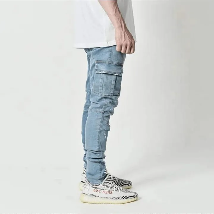 Street%20Elastic%20Jeans%20Men%20Denim%20Cargo%20Pants%20Wash%20Solid%20Color%20Multi%20Pockets%20Casual%20Mid%20Waist%20Trousers%20Slim%20Fit%20Daily%20Wear%20Joggers%20-%20Image%202