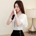 Womens Tops and Blouses Women Short Sleeve Shirts White Chiffon Blouse Womens Clothing V-Neck Solid Color Women Blusas 3897. 