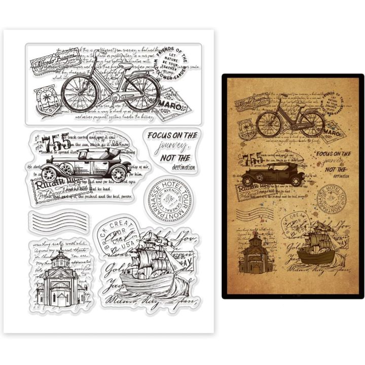 1Sheet Retro Vehicle Bicycle Architecture Transparent Clear Stamps Vintage Text Background Embossing Stamp Sheets Silicone Clear