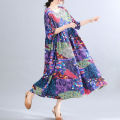 Plus size women's dress, abstract pattern printed short sleeved round neck ultra loose robe, summer beach dress with pockets. 