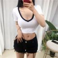 Patchwork Colors Deep V Neck Sexy Crop Top Women Summer New Short Sleeve Women's T-shirt Y2k Clothes Skinny Casual Tops Korean. 