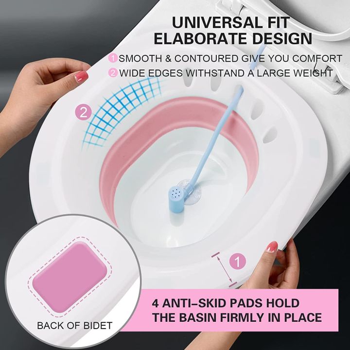 Sitz Bath, Sitz Bath for Hemorrhoids, Sitz Bath for Toilet Seat, Postpartum Care, Sits Bath Kit for Women, Collapsible, Flusher Hose, Drain Holes, Wider Seating Area, Deeper Bowl