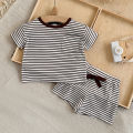 Summer Baby New Set Blue White Stripes Simple Comfortable Short Sleeves+Loose Sports Beach Shorts Boys Girls Clothing. 