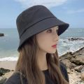 Bucket hat women peaked sun hat smile face Korean version anti-UV big brim bucket hat black caramel khaki yellow. 